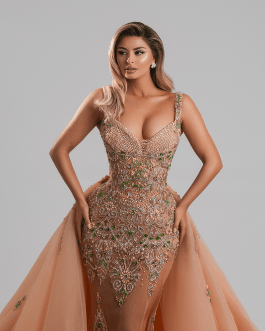 Viviele Nude Long Dress with Cape - BLINI