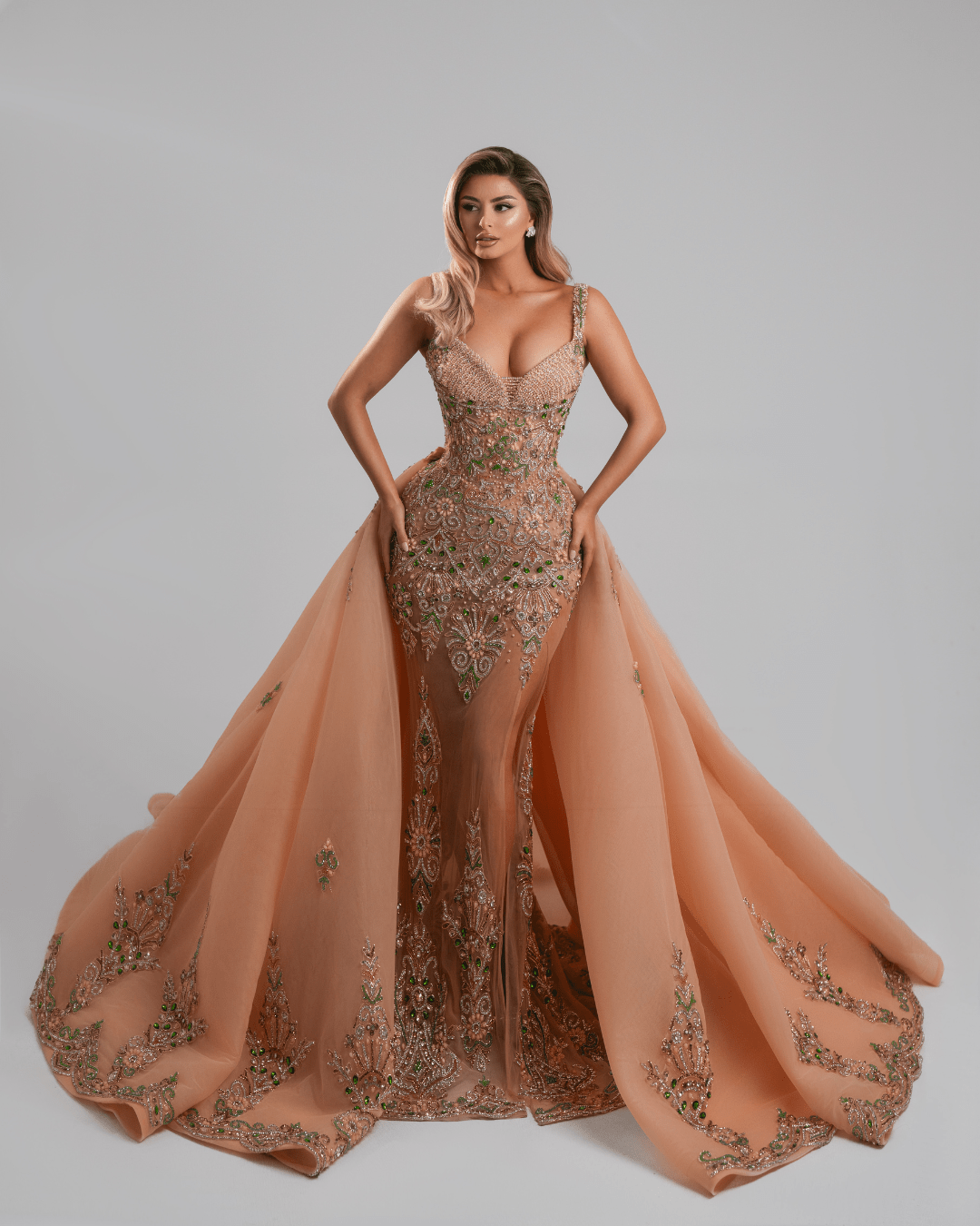 Viviele Nude Long Dress with Cape - BLINI