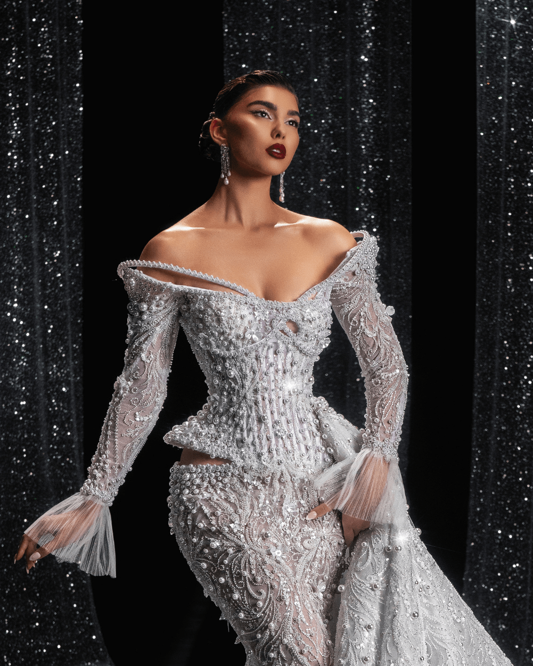 Yaseria Bridal Dress with Side Cape and Pearls - BLINI