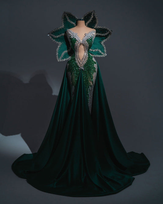 Ylenia 3D Green Dress with Crystal and Petal Design - BLINI
