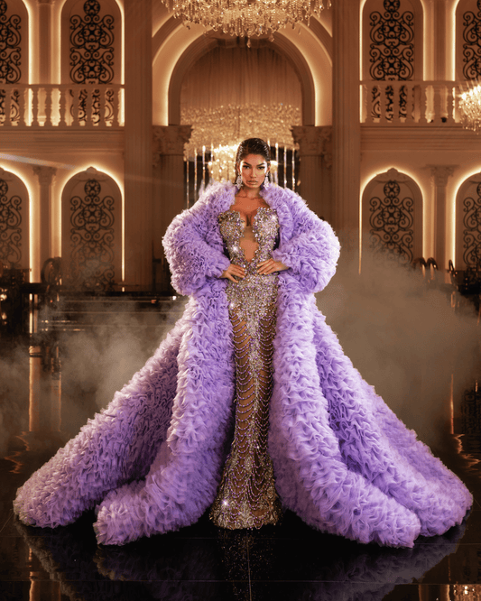 Yonea Purple Sleeveless Dress with Crystals and Cape - BLINI