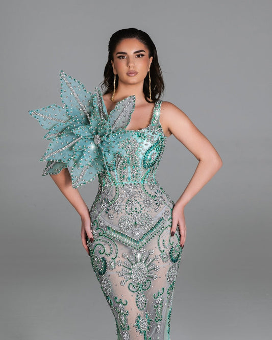 Zahra Long Dress with Crystals and Floral Design - BLINI