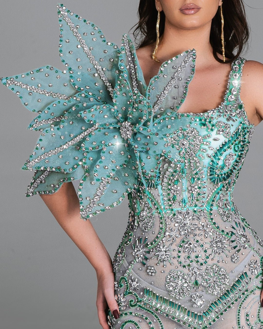 Zahra Long Dress with Crystals and Floral Design - BLINI