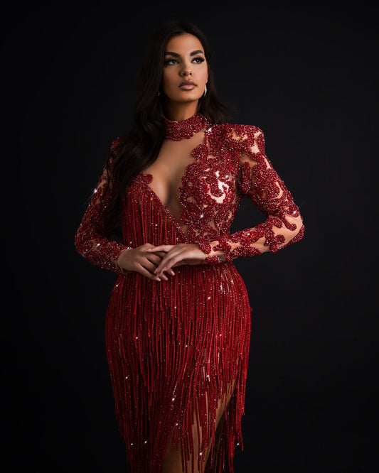 Zsófia Red Tassel Dress with Slit - BLINI