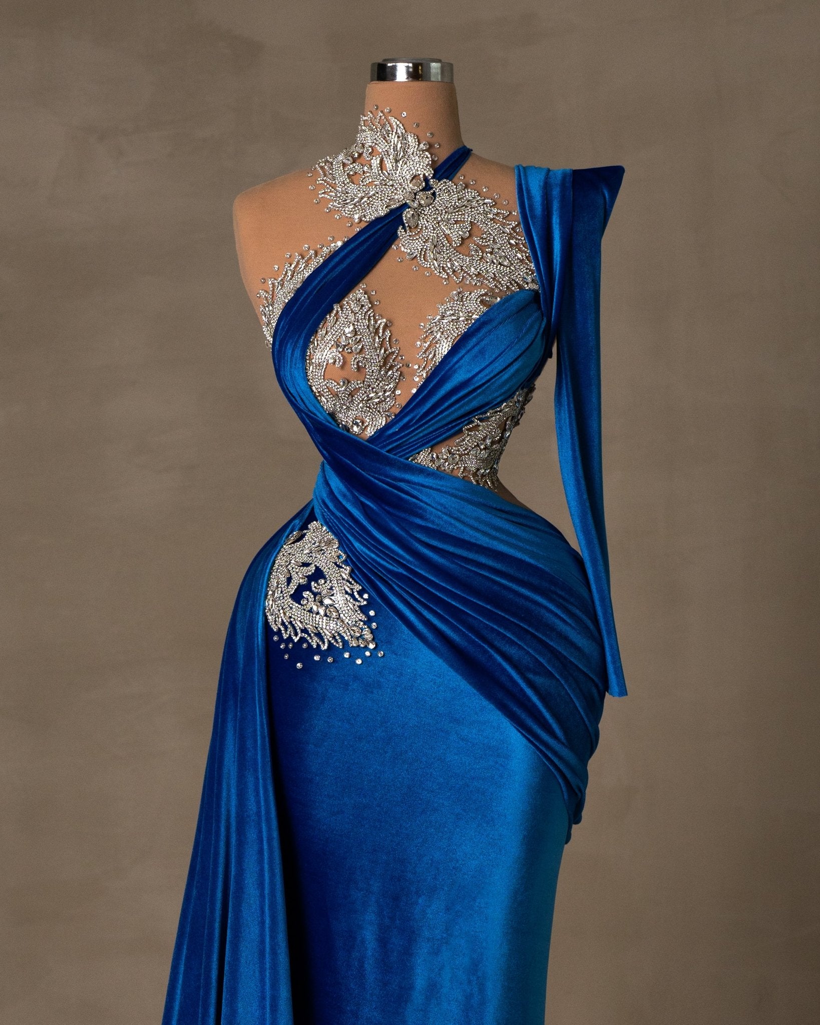 Blue velvet evening fashion dress