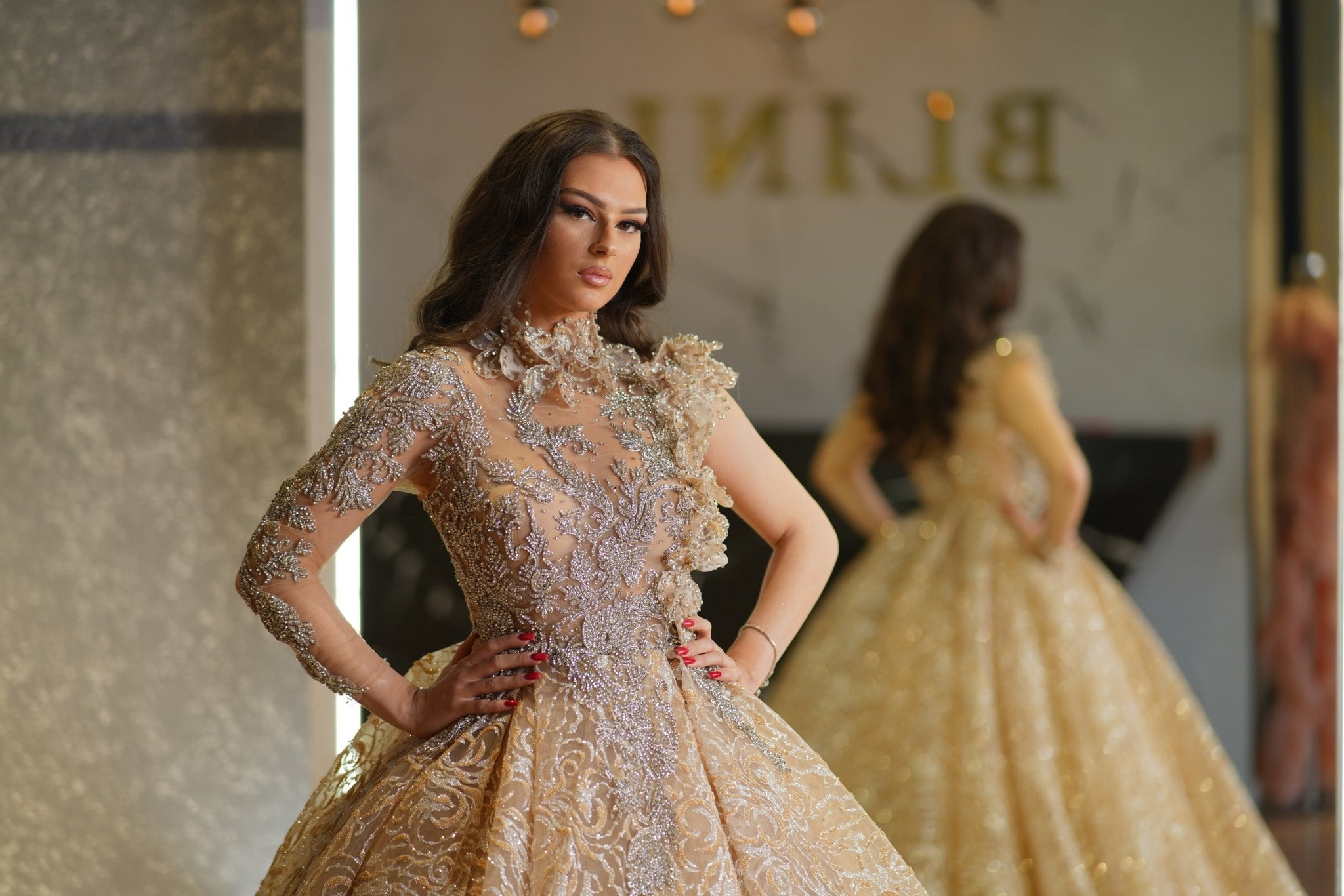 Delilah Beige Ball Gown Embellished with Sparkle Blini Fashion