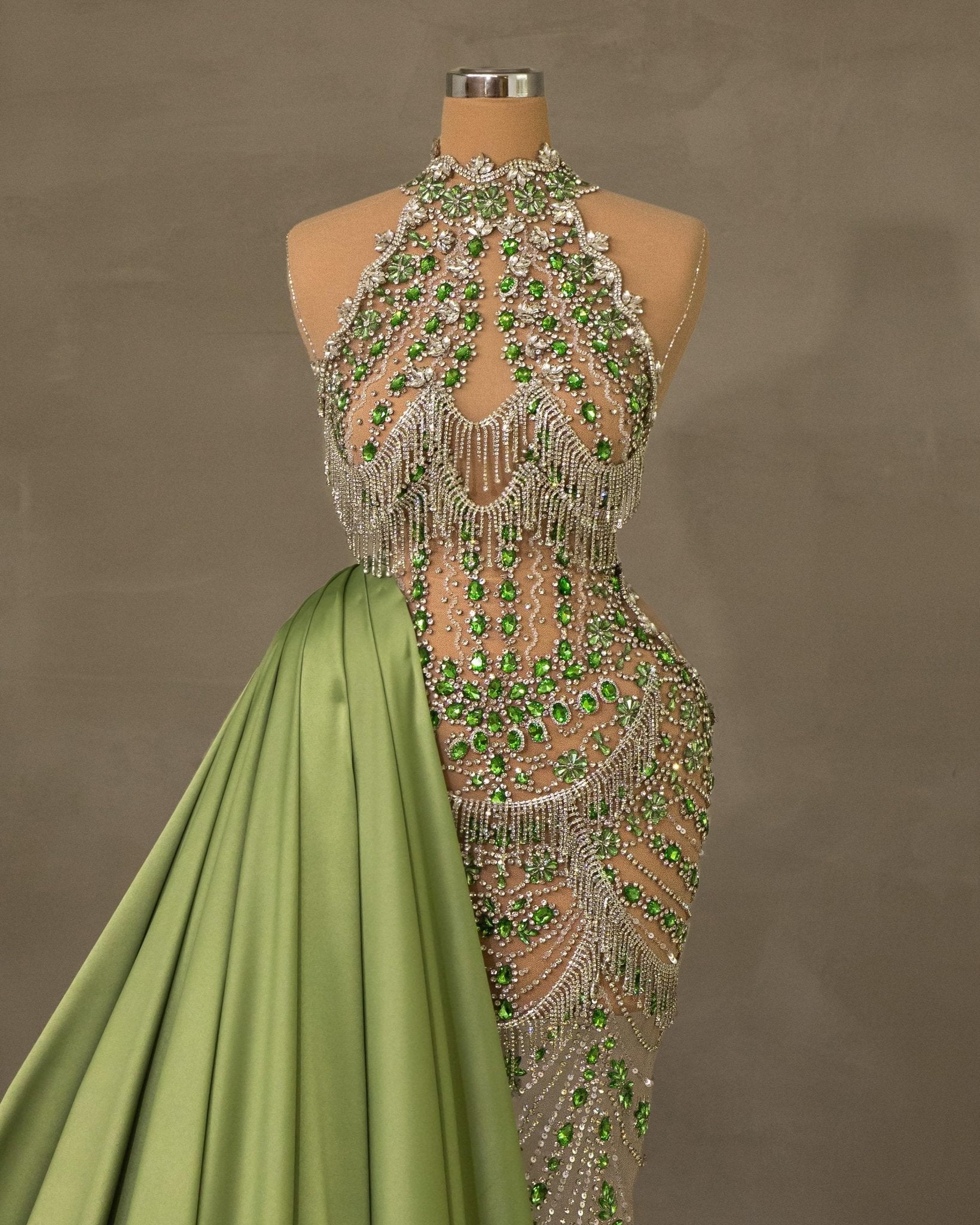 Rhinestone Dress - Green Dress with Tassels, Crystals & Tail – Blini  Fashion House