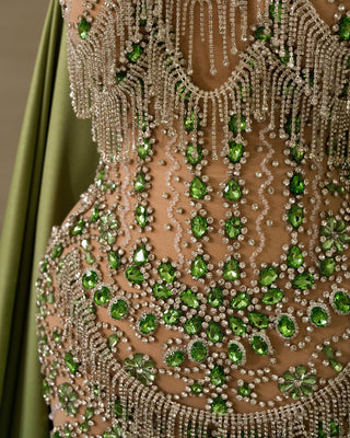 Close-up of Rhinestone Embellishments on Dress Bodice