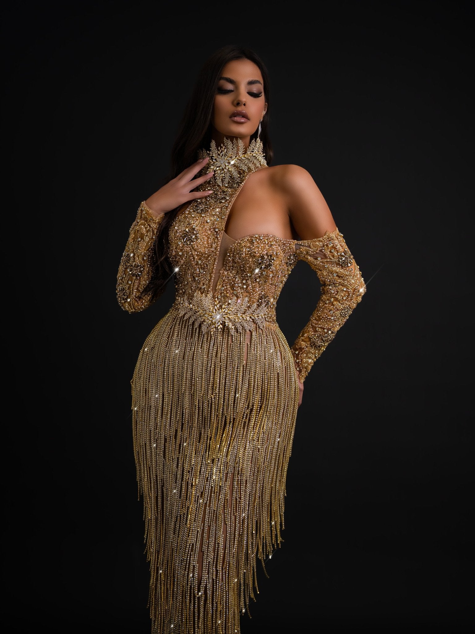 Tassel Dress Gold Dress with Stones Blini Fashion House