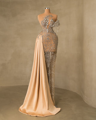 Silver Dress with Champagne Tail - Elegant Evening Gown