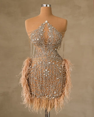 Stunning Silver Dress Adorned with Luxurious Feathers