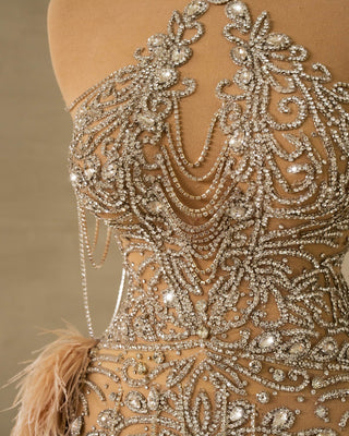 Intricate Feather Design Details on Silver Cocktail Dress