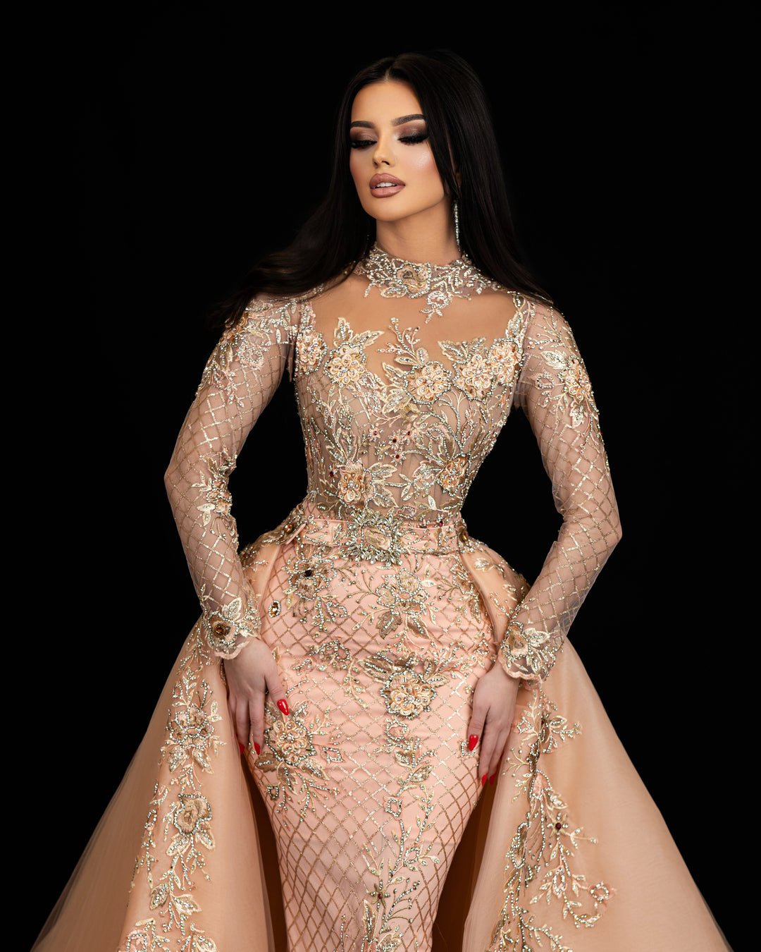 Peesia Peach Dress with Overskirt - Blini Fashion House Crystals