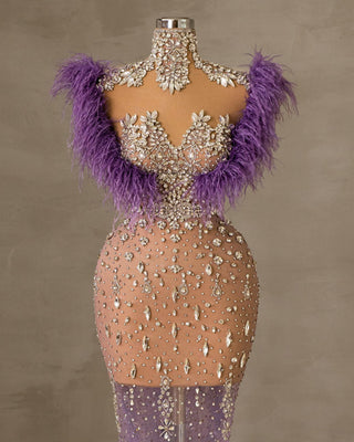 Sleeveless Dress Embellished with Stones and Feathers - Front View