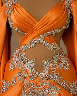 Stylish Cut-Out Detailing on Orange Satin Dress