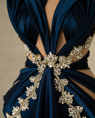 Elegant Evening Gown - Dark Blue Satin Dress Detail