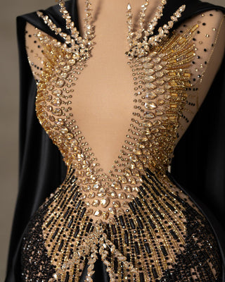 Close-up of Black Lace Bodice with Intricate Gold Stone Embellishments