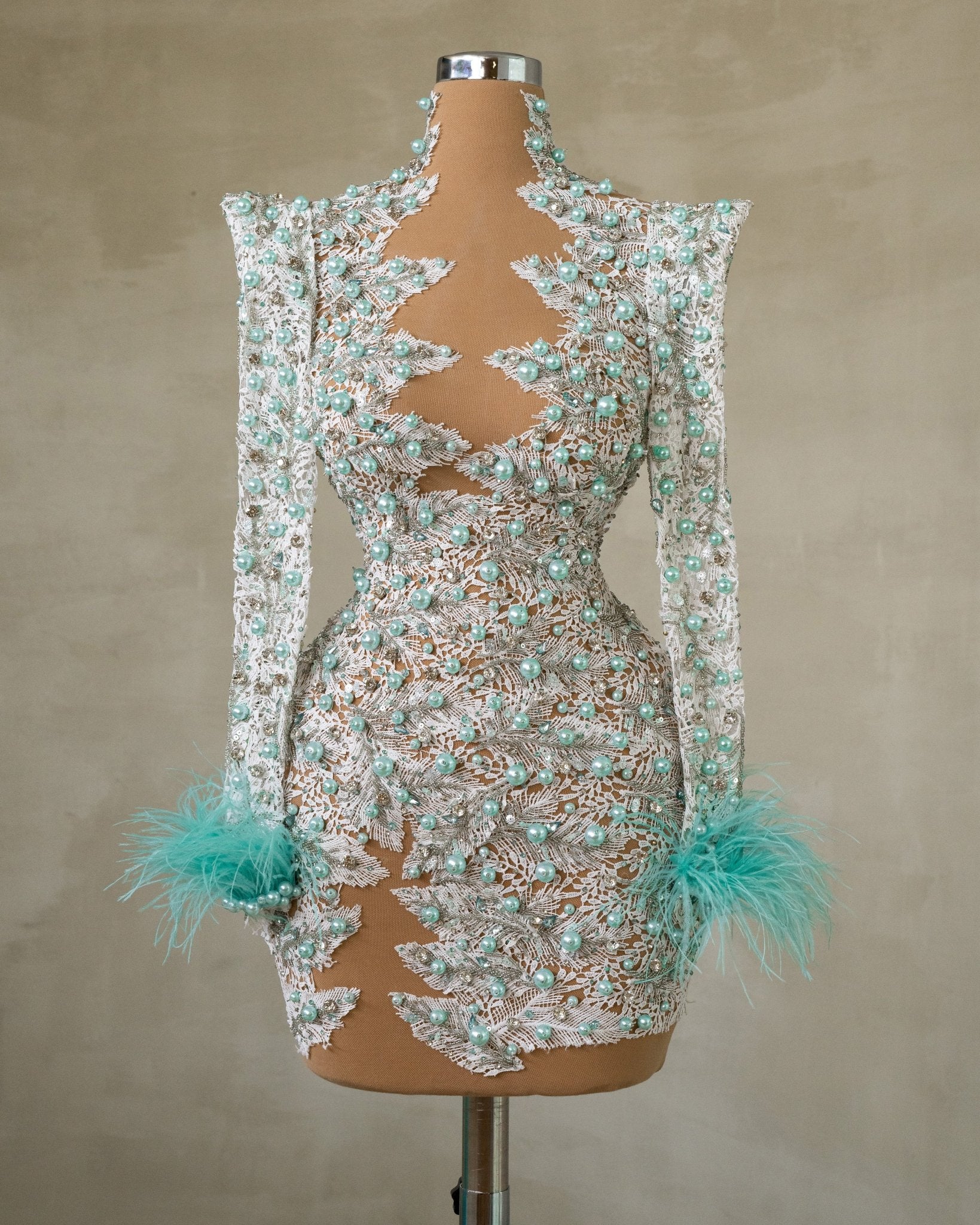 Blue Dress - Short Cocktail Dress with Feathers and Beads – Blini Fashion  House