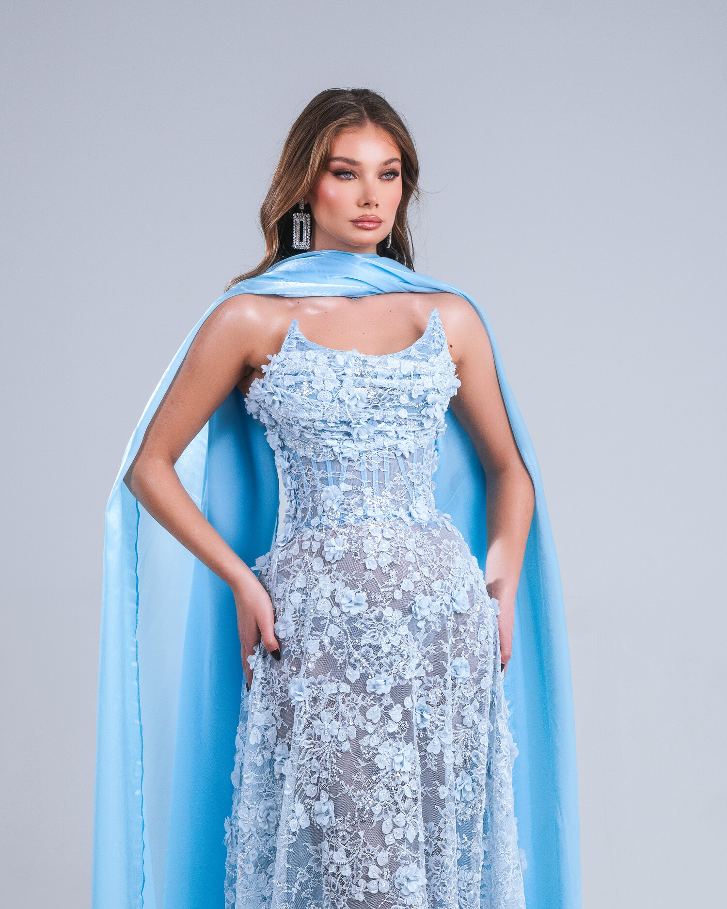 CIELÉA — powder-blue crystal gown with sky-blue organza cape, AURORA collection by BLINI