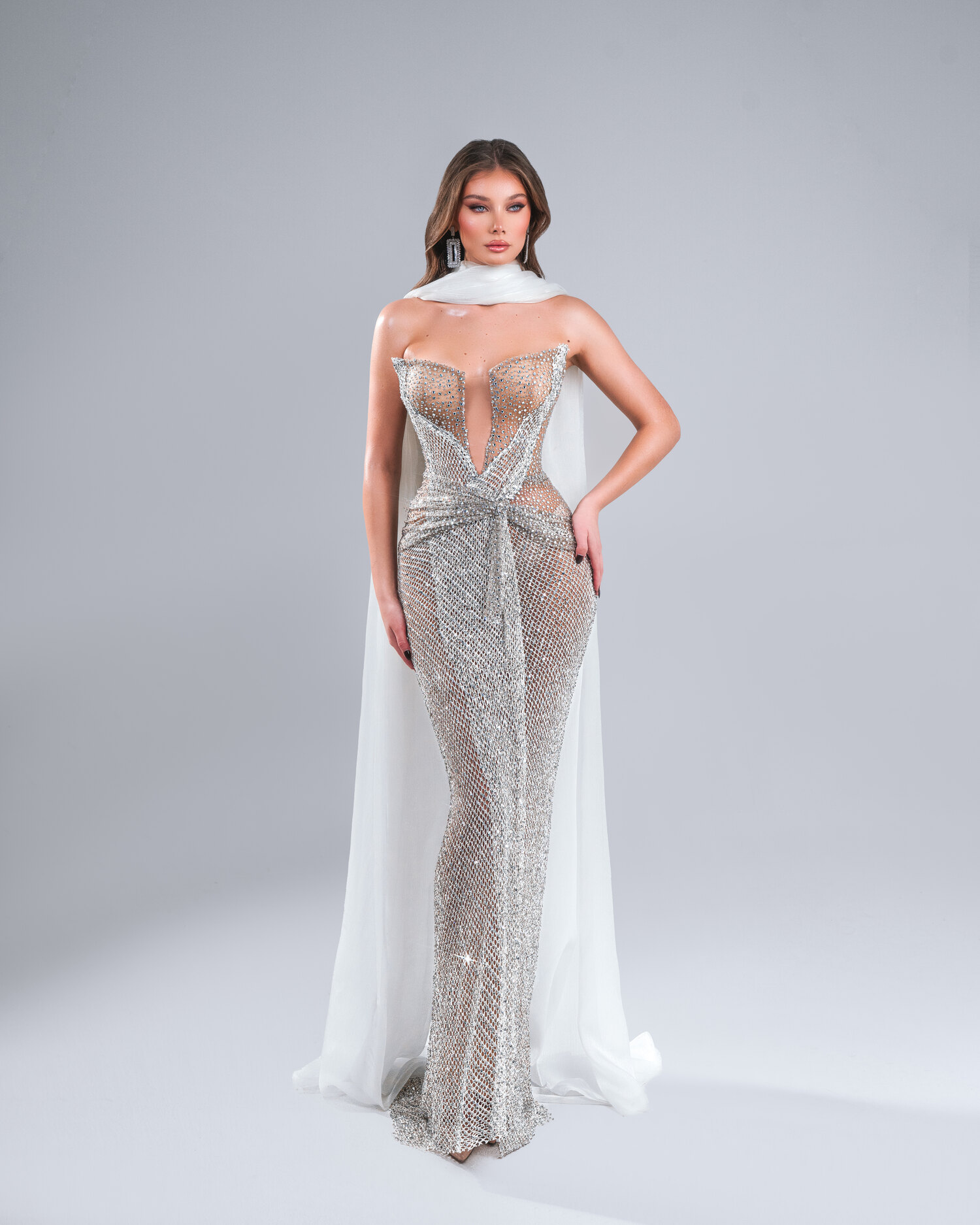 MERCURÉA — silver crystal-sequin mermaid on illusion tulle, AURORA collection by BLINI