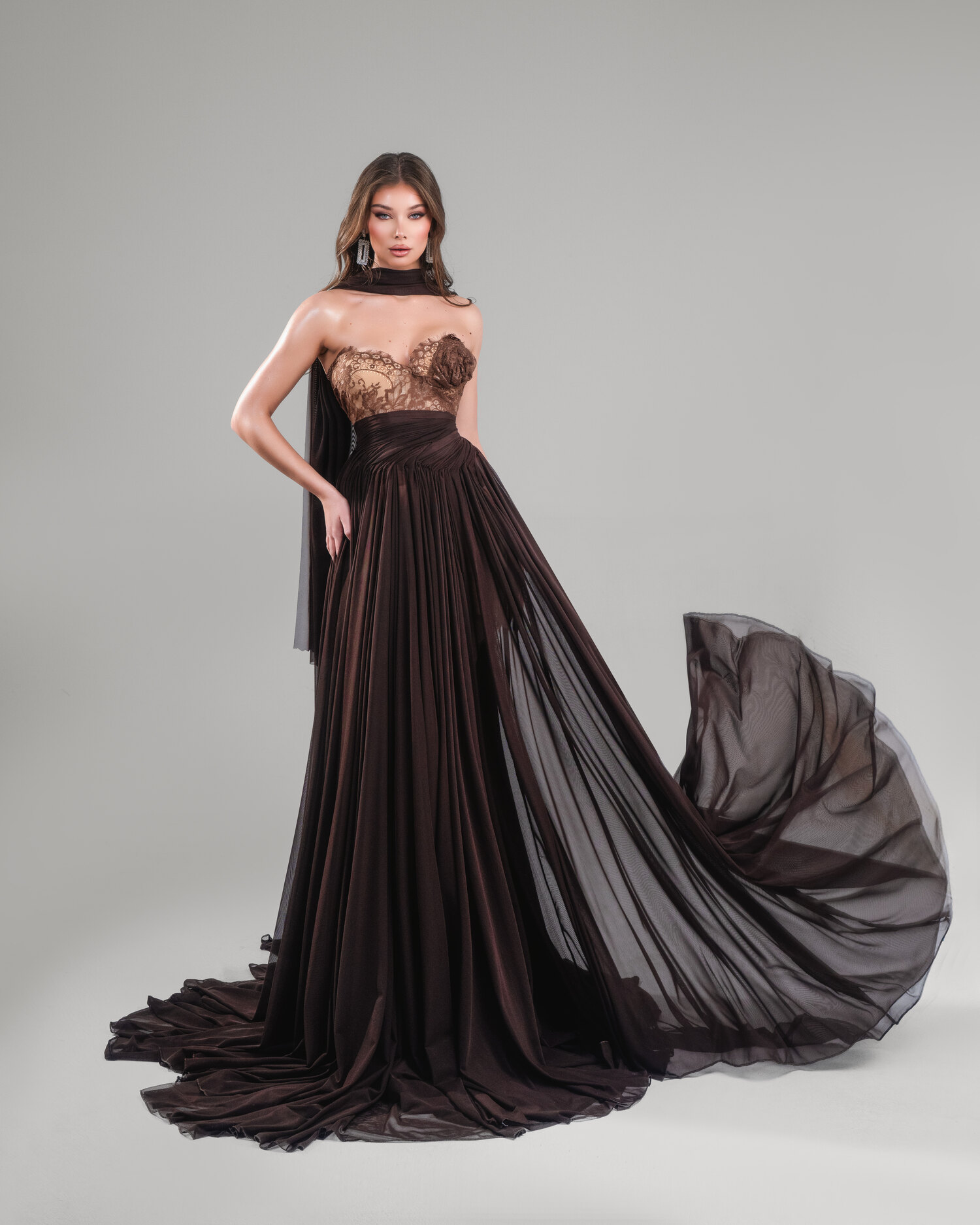 TERRANNE — chocolate-brown chiffon gown with crystal-beaded bodice and flowing train, AURORA collection by BLINI