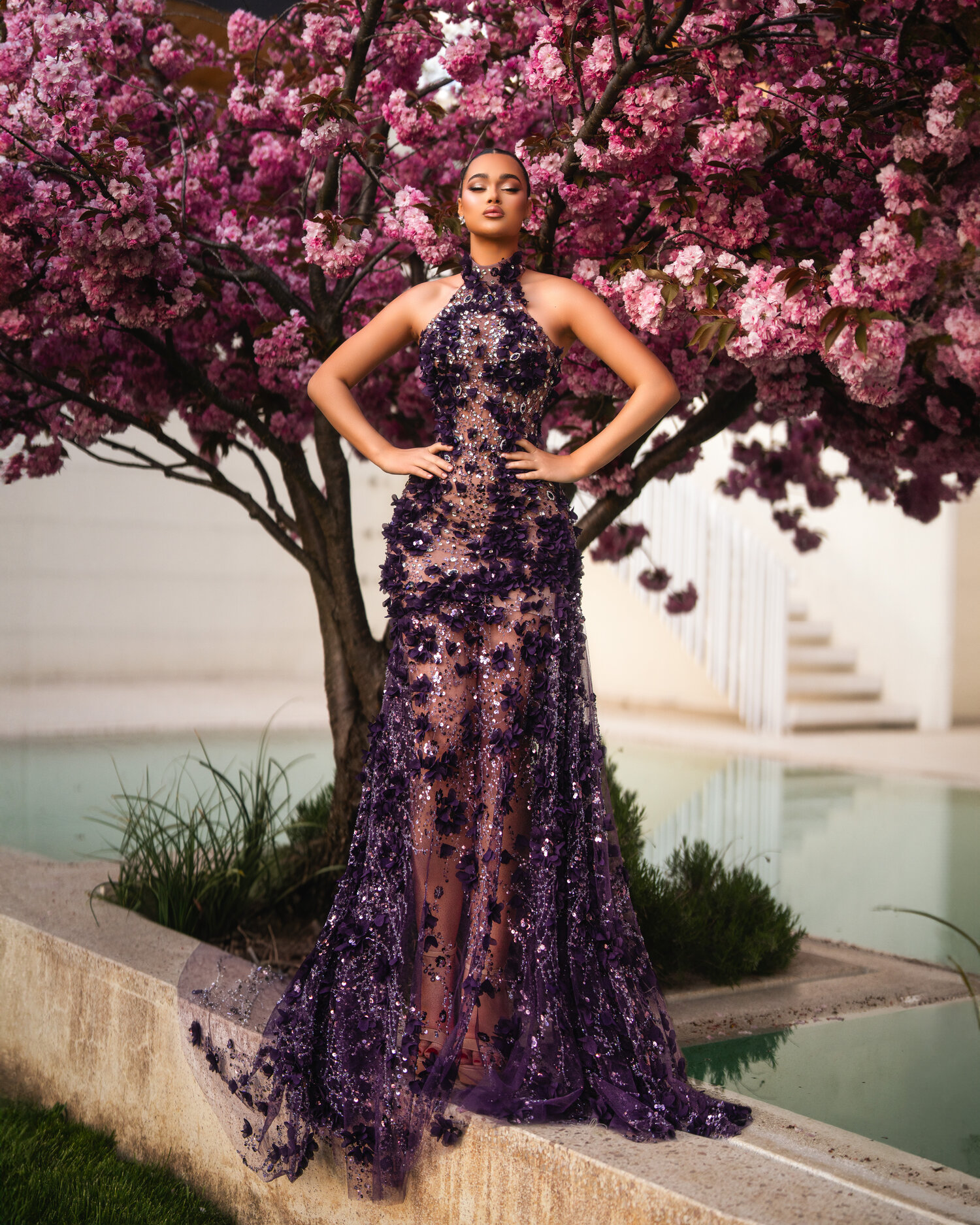 AMETHIA — aubergine halter mermaid gown with 3D floral and crystal appliqué, full silhouette