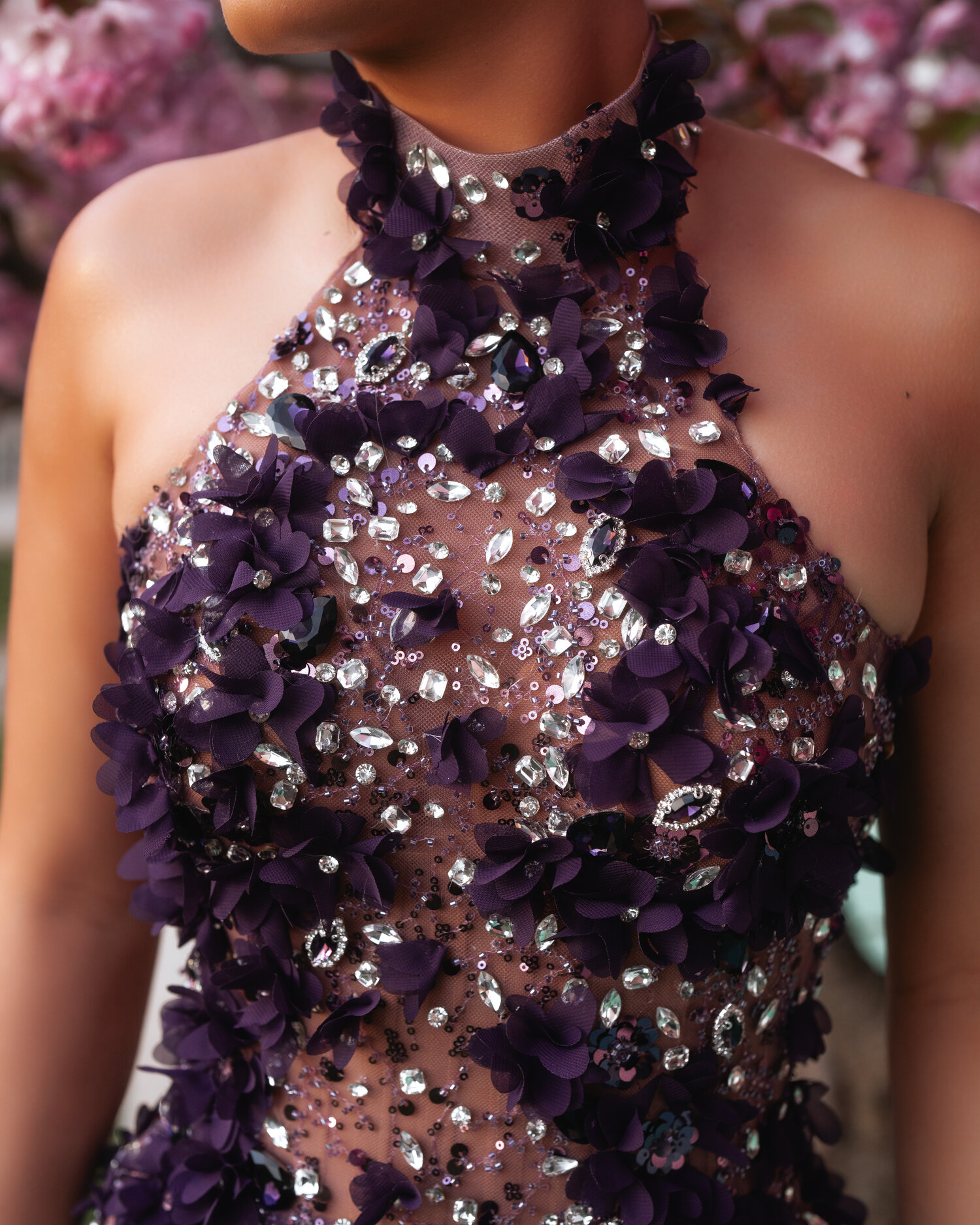 AMETHIA — bodice closeup, three-dimensional silk florals and hand-set crystal beading