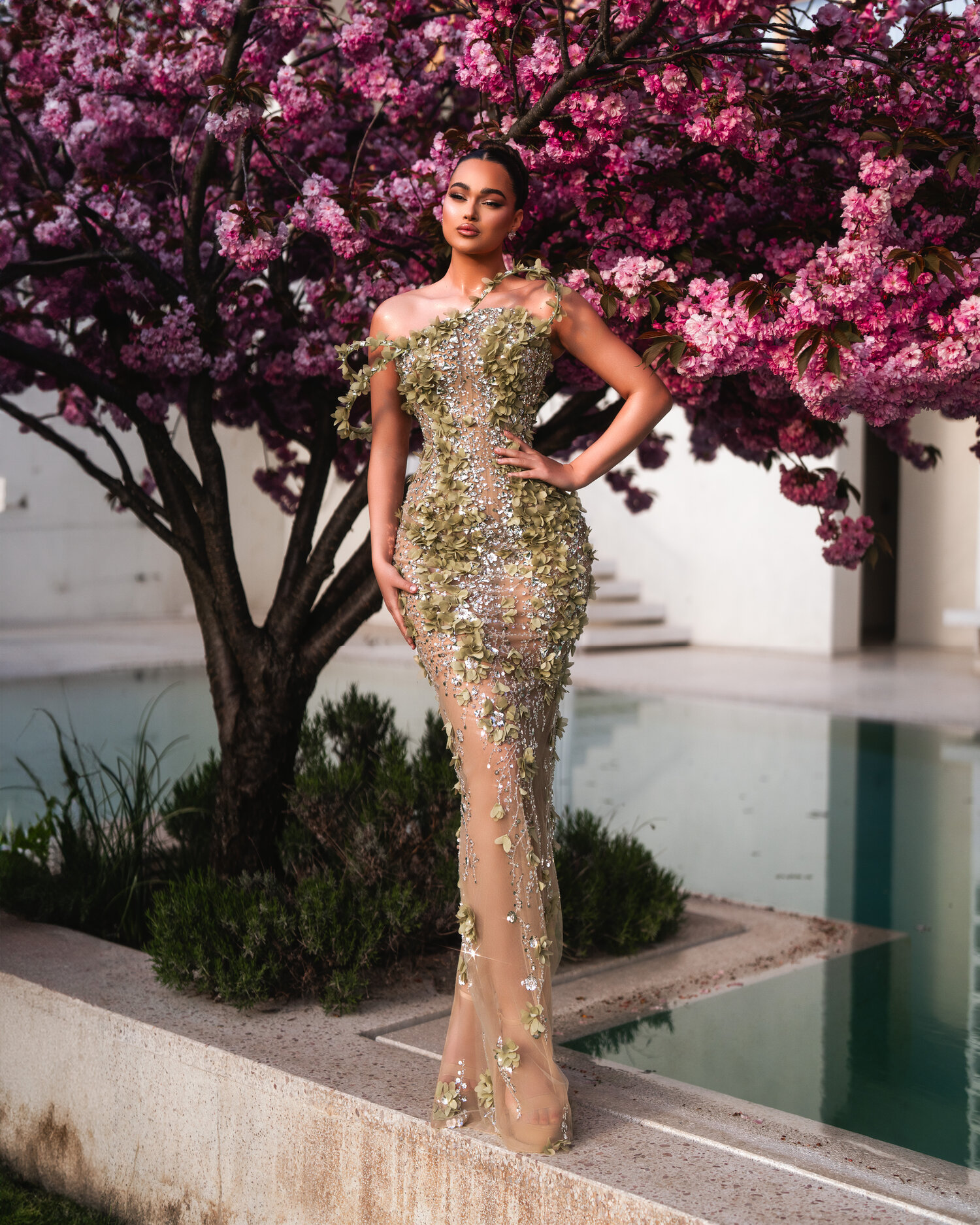 AURIA — champagne off-shoulder mermaid with sage-leaf appliqué, full silhouette