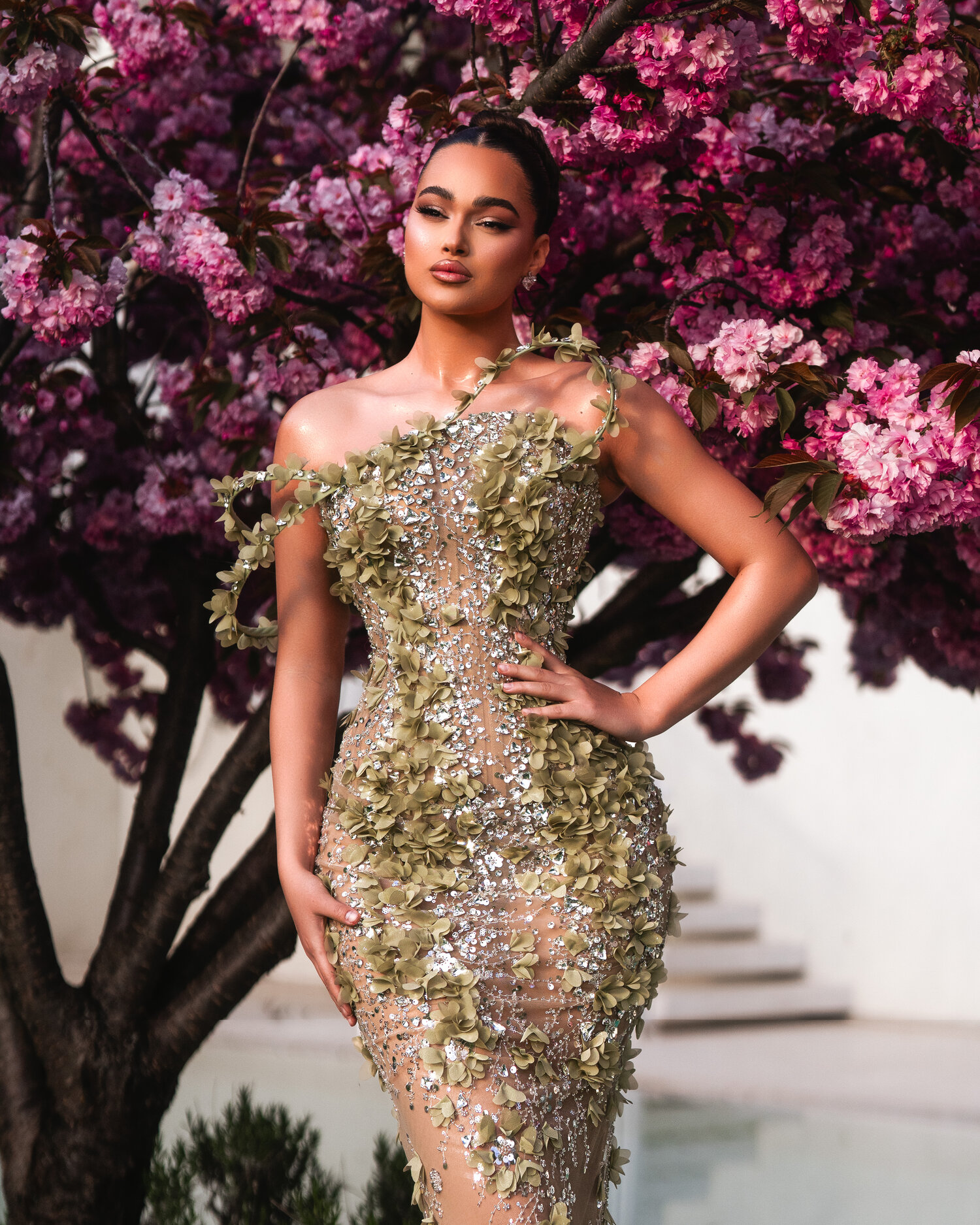 AURIA — front portrait, off-shoulder neckline and leaf-vine detail