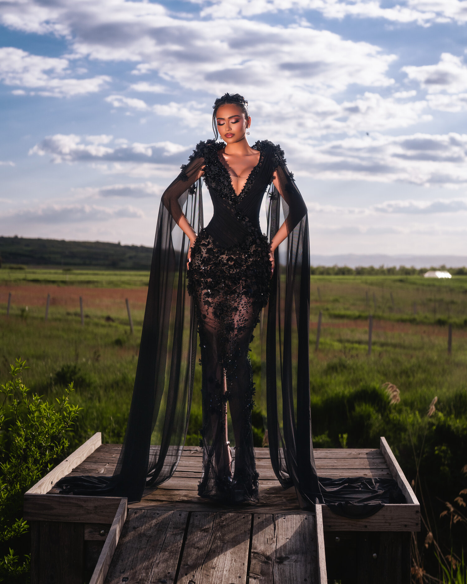 NOIRA — black V-neck plunge mermaid with chiffon cape sleeves, full silhouette