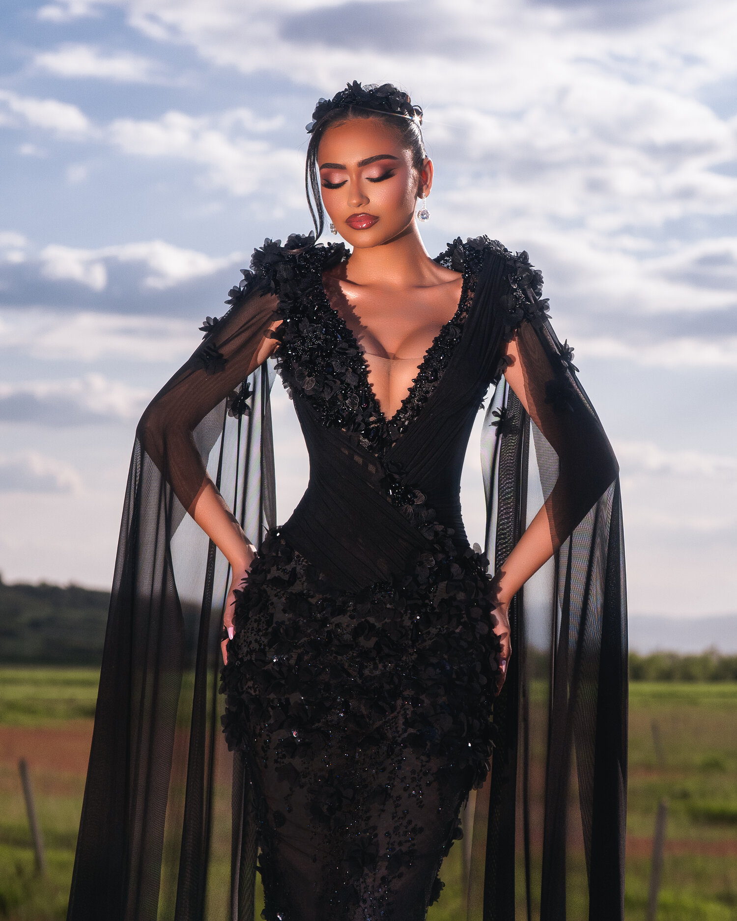 NOIRA — bodice and cape sleeves closeup, 3D floral appliqué