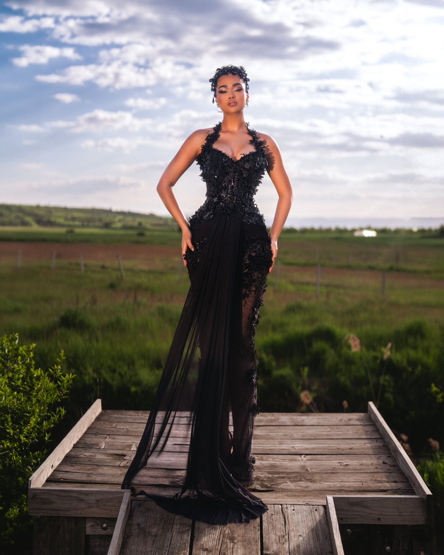 NYRA — black sweetheart mermaid with side chiffon drape, full silhouette