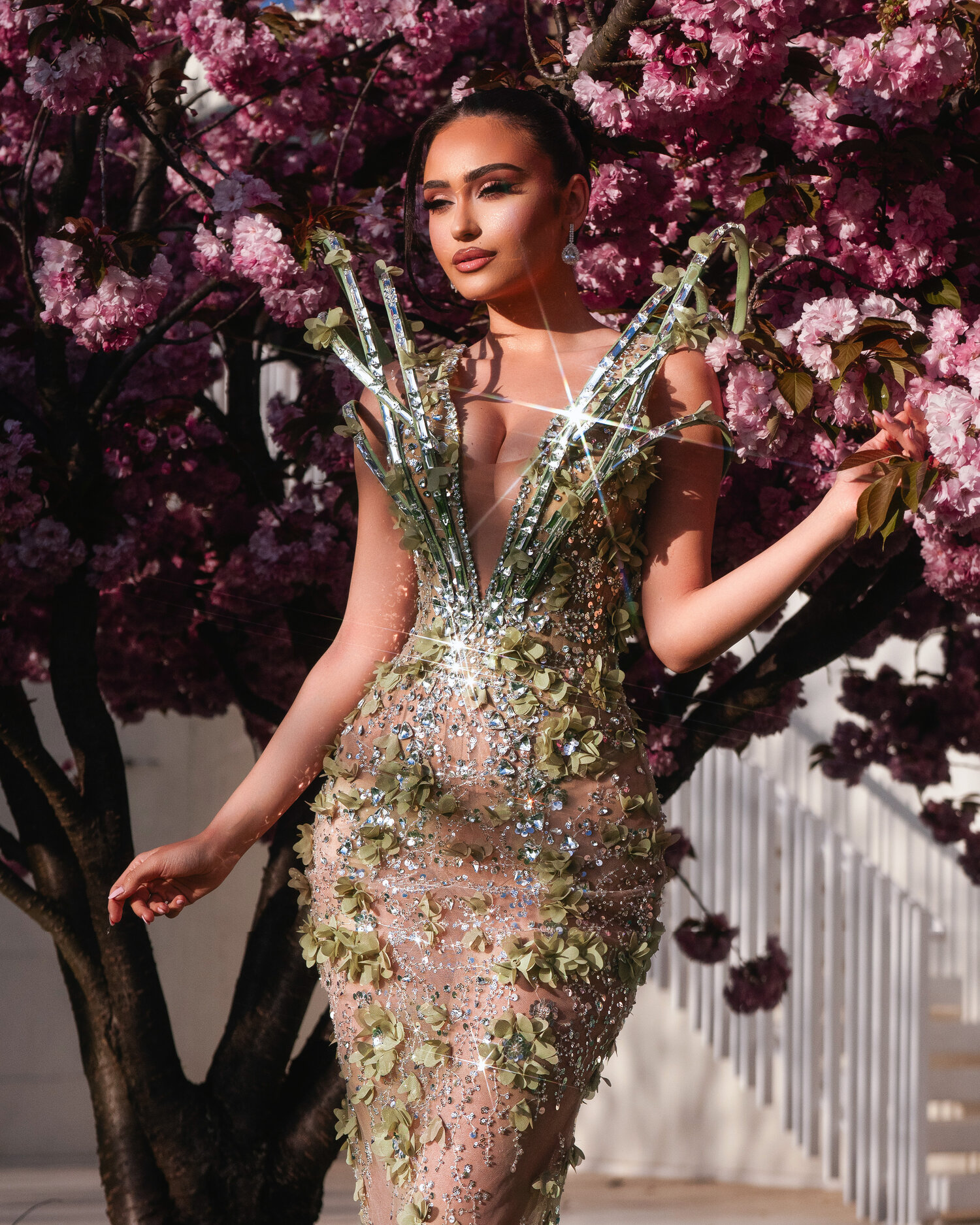VERELLA — champagne V-neck mermaid with crystal-spike collar, full silhouette