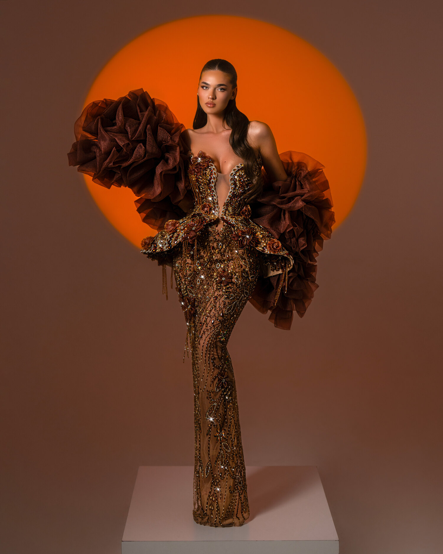 AMBRÉLLE — copper-bronze sequin mermaid with feather plumes, ÉCLAT collection by BLINI