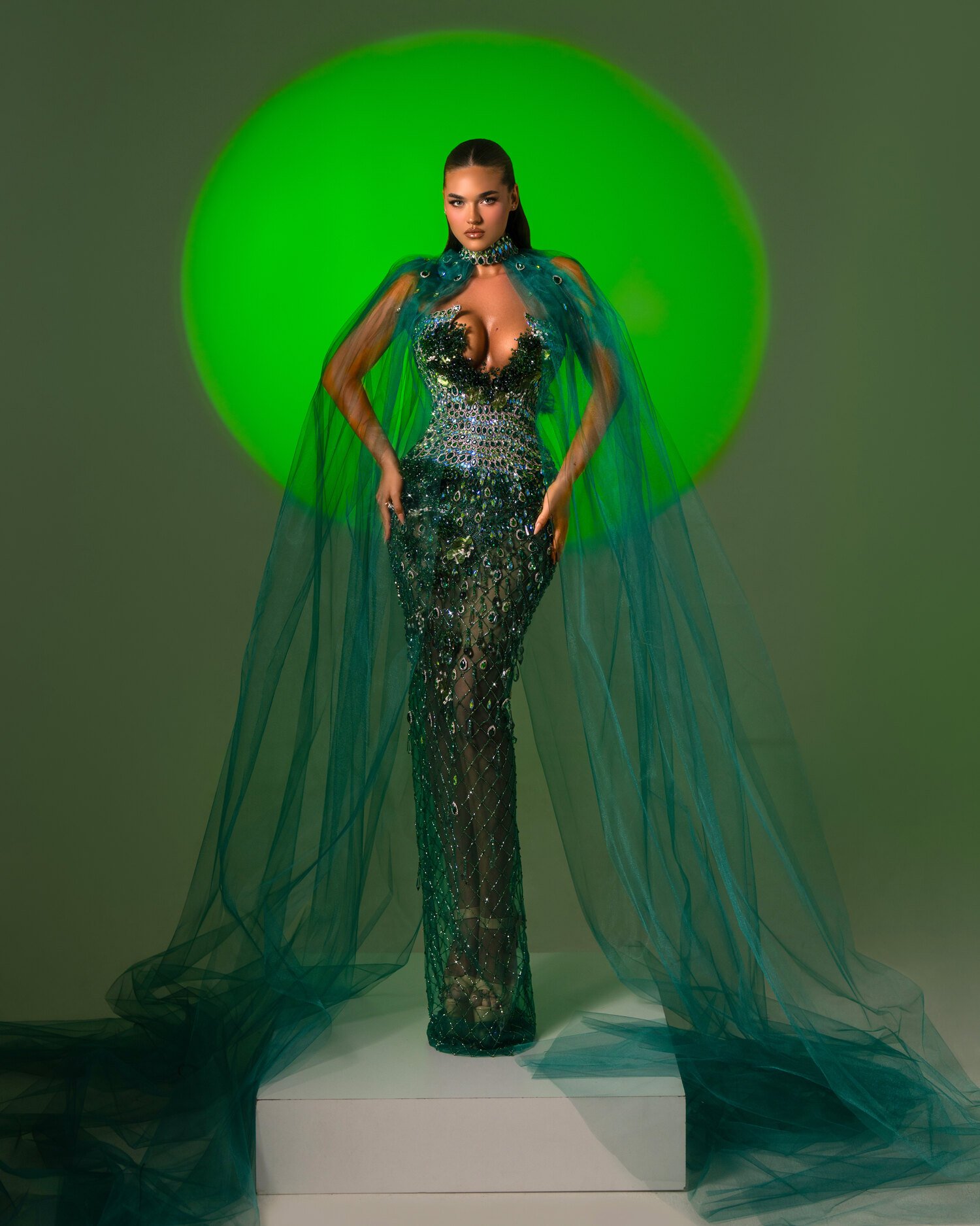 ESMERA — emerald sequin mermaid with sheer emerald tulle cape, ÉCLAT collection by BLINI