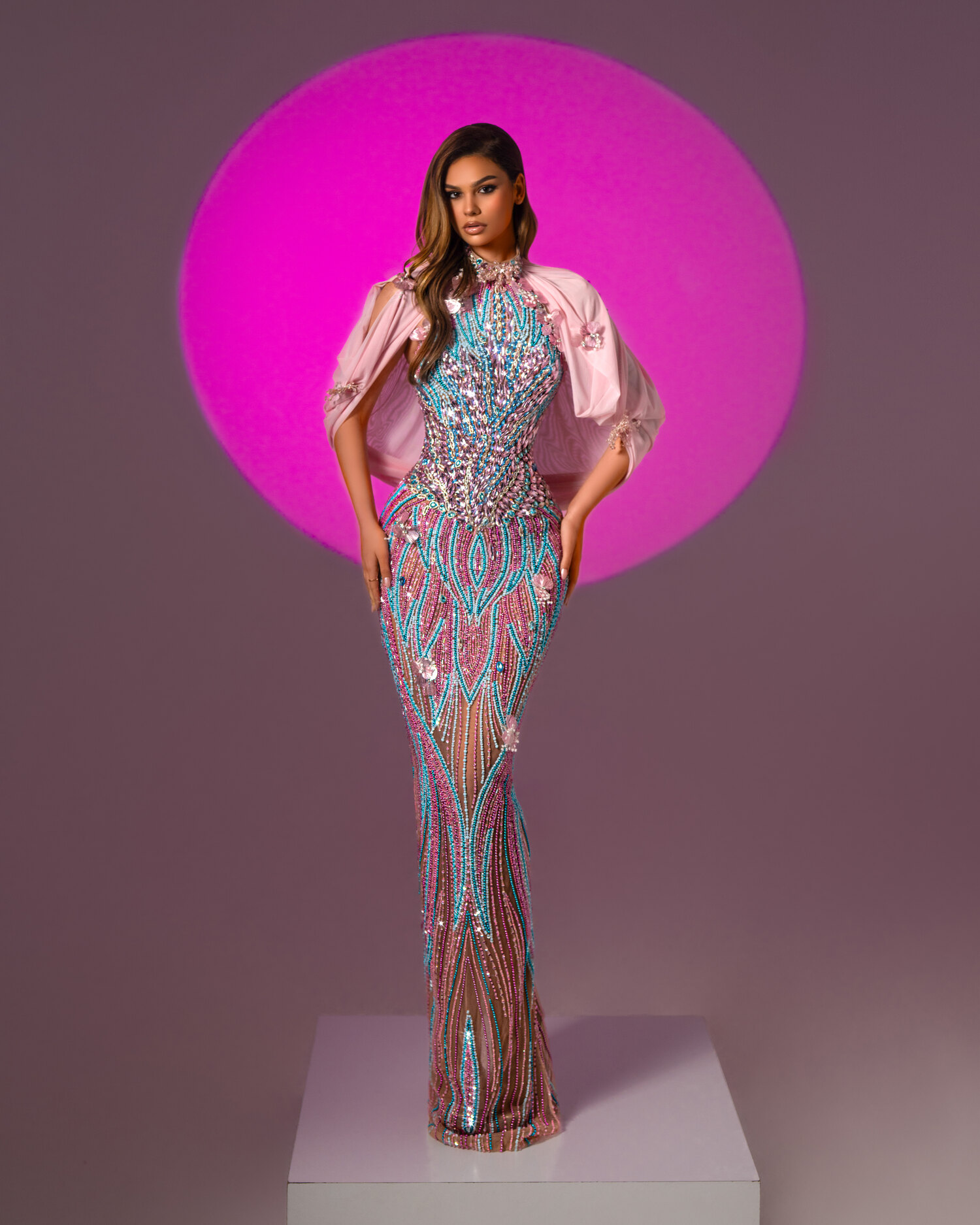 OPALÉA — iridescent silver-rose sequin mermaid with sheer blush cape, ÉCLAT collection by BLINI