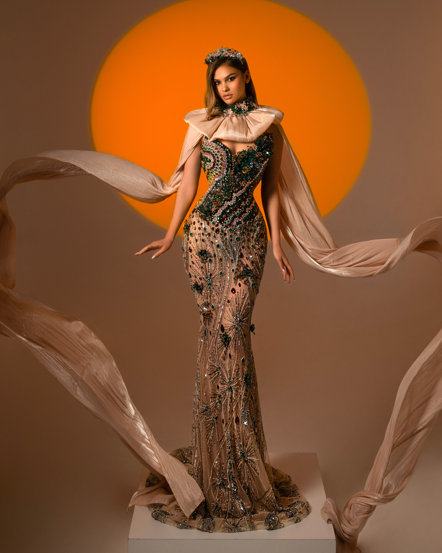 PERLÉA — champagne sequin-and-floral mermaid with sheer cape, ÉCLAT collection by BLINI