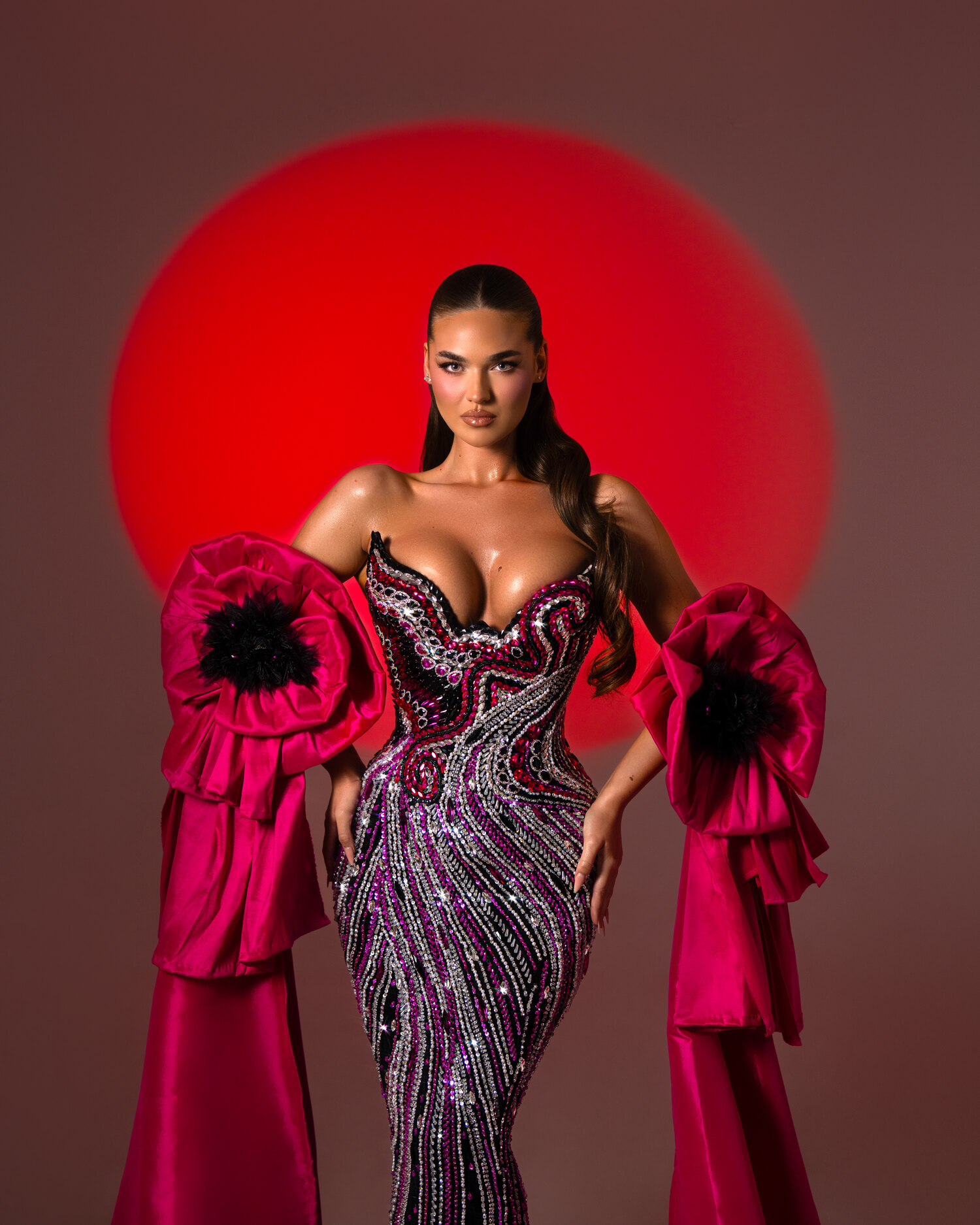 ROSANIA — lilac crystal mermaid with magenta organza cape and gloves, ÉCLAT collection by BLINI