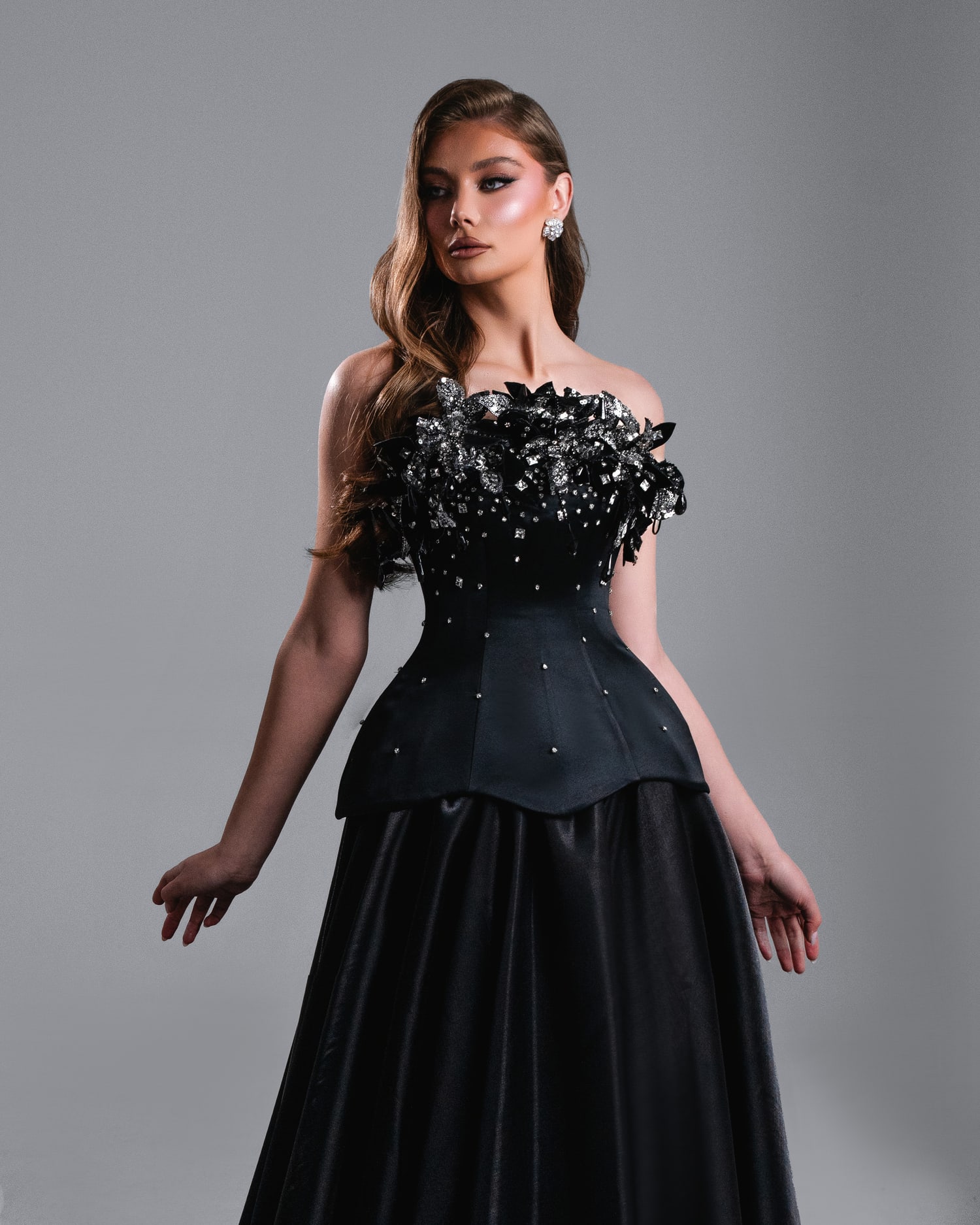 NOVERA — black ball gown with crystal florals
